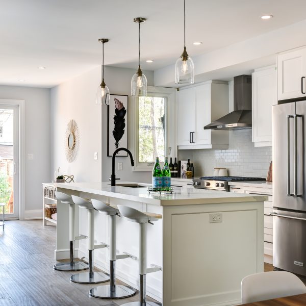 kitchen with bar style table